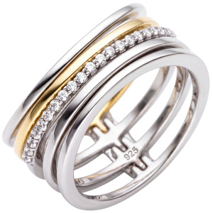 Damen Ring mehrreihig breit 925 Silber bicolor vergoldet mit 21 Zirkonia