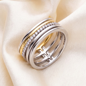 Preview: Damen Ring mehrreihig breit 925 Silber bicolor vergoldet mit 21 Zirkonia