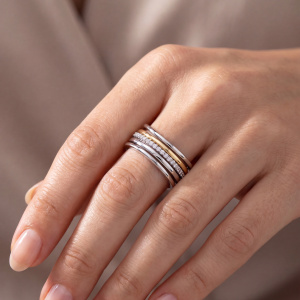 Preview: Damen Ring mehrreihig breit 925 Silber bicolor vergoldet mit 21 Zirkonia