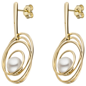 Preview: Ohrhänger 585 Gold Gelbgold 2 Süßwasser Perlen Ohrringe Perlenohrringe