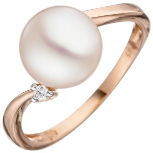 Damen Ring 585 Rotgold 1 Süßwasser Perle 1 Diamant Brillant Perlenring