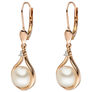 Preview: Ohrhänger 585 Rotgold 2 Süßwasser Perlen 2 Diamanten Brillanten Ohrringe