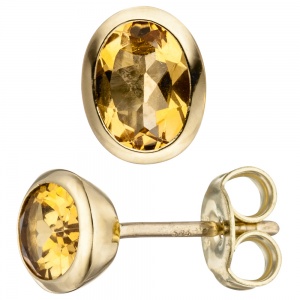 Ohrstecker oval 585 Gold Gelbgold 2 Citrine gelb Ohrringe Citrinohrringe