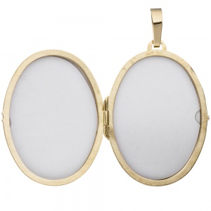 Preview: Medaillon Baum oval für 2 Fotos 585 Gold Gelbgold matt Anhänger zum Öffnen