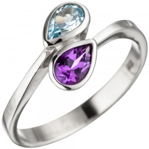 Damen Ring 925 Sterling Silber 1 Amethyst lila violett 1 Blautopas hellblau blau