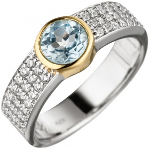 Damen Ring 925 Silber bicolor vergoldet 1 Blautopas hellblau blau mit Zirkonia