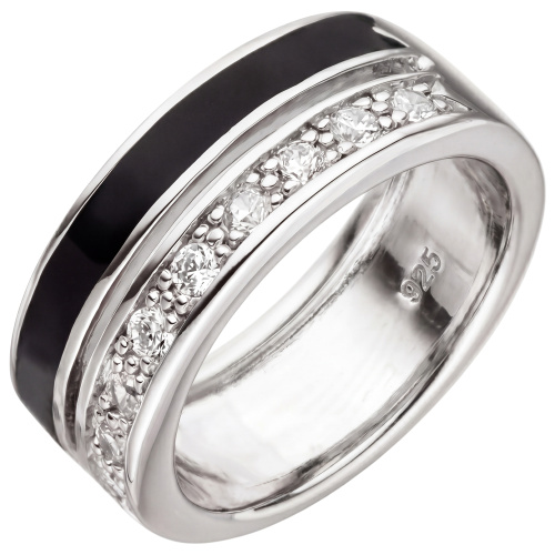 Damen Ring 925 Sterling Silber 9 Zirkonia schwarze Lackeinlage Silberring