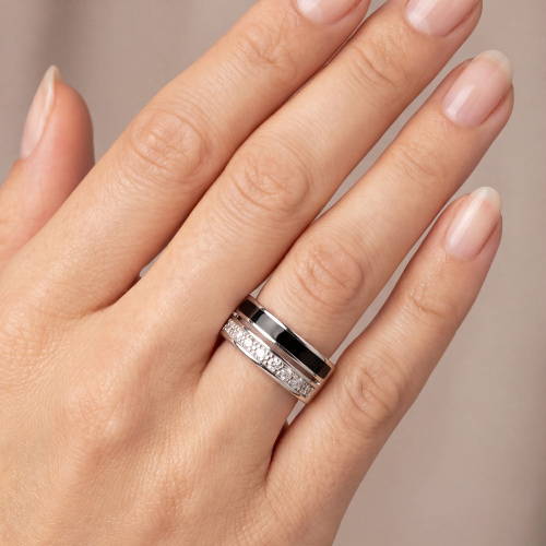 Preview: Damen Ring 925 Sterling Silber 9 Zirkonia schwarze Lackeinlage Silberring