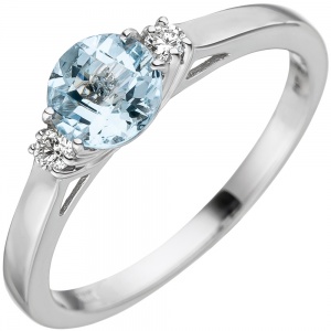 Damen Ring 585 Weißgold 1 Aquamarin hellblau blau 2 Diamanten Brillanten