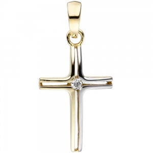 Anhänger Kreuz schmal 375 Gold Gelbgold bicolor 1 Zirkonia Kreuzanhänger