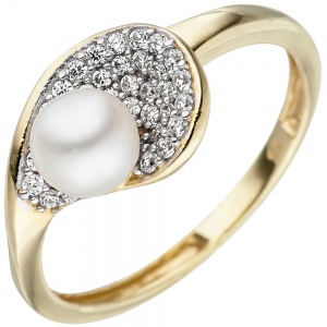 Damen Ring 375 Gold Gelbgold 1 Süßwasser Perle 36 Zirkonia Perlenring