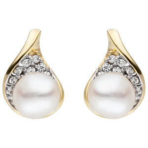 Preview: Ohrstecker 375 Gold Gelbgold 2 Süßwasser Perlen 20 Zirkonia Perlenohrringe