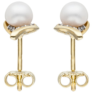 Preview: Ohrstecker 375 Gold Gelbgold 2 Süßwasser Perlen 20 Zirkonia Perlenohrringe