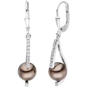 Ohrhänger 925 Sterling Silber 2 Perlen braun 18 Zirkonia Ohrringe Perlenohrringe