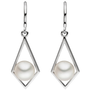 Preview: Ohrhänger 585 Gold Weißgold 2 Süßwasser Perlen weiß Ohrringe Perlenohrringe