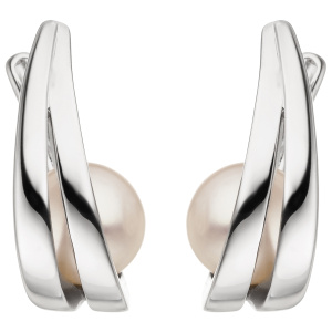 Preview: Creolen 925 Sterling Silber 2 Süßwasser Perlen Ohrringe Perlenohrringe