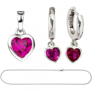 Kinder Mädchen Schmuck-Set Herz pink rosa 925 Silber Zirkonia mit Kette 38 cm