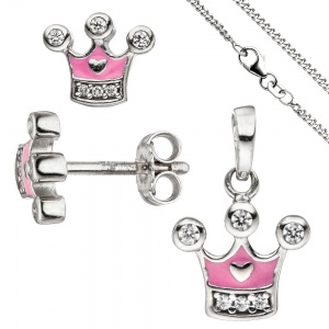 Kinder Mädchen Schmuck-Set Krone pink rosa 925 Silber Zirkonia mit Kette 38 cm