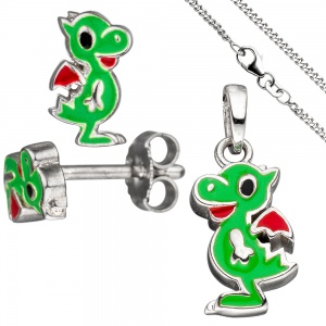 Kinder Schmuck-Set Kleiner Drache 925 Silber grün lackiert mit Kette 42 cm