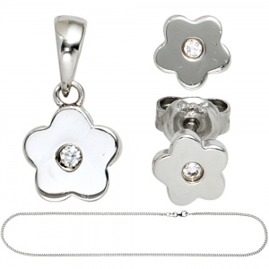 Kinder Schmuck-Set Blume 925 Silber mit Zirkonia Anhänger Ohrringe Kette 38 cm