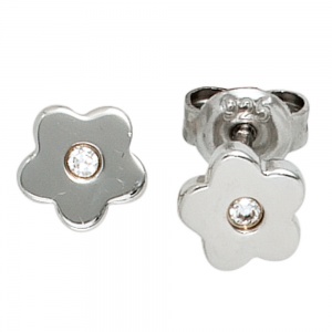 Kinder Schmuck-Set Blume 925 Silber mit Zirkonia Anhänger Ohrringe Kette 38 cm