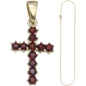 Anhänger Kreuz 333 Gold Gelbgold 11 Granate rot mit Kette 45 cm