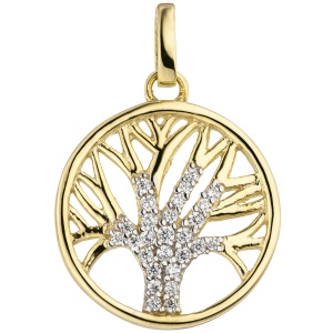 Anhänger Lebensbaum Baum 375 Gold Gelbgold bicolor 27 Zirkonia Goldanhänger