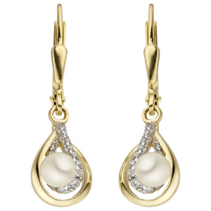 Preview: Ohrhänger 375 Gold Gelbgold 2 Süßwasser Perlen 24 Zirkonia Perlenohrringe