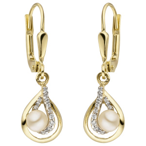 Preview: Ohrhänger 375 Gold Gelbgold 2 Süßwasser Perlen 24 Zirkonia Perlenohrringe