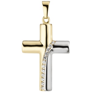 Anhänger Kreuz 333 Gold Gelbgold bicolor 12 Zirkonia Kreuzanhänger