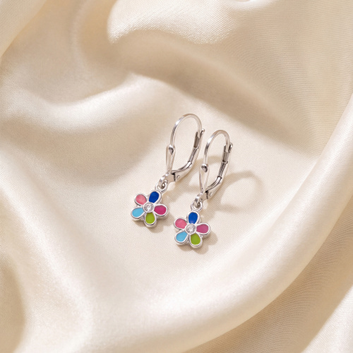 Preview: Kinder Ohrhänger Blume 925 Sterling Silber 2 Zirkonia Ohrringe Kinderohrringe