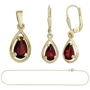 Schmuck-Set 333 Gold Gelbgold 3 Granate rot Ohrringe und Kette 42 cm