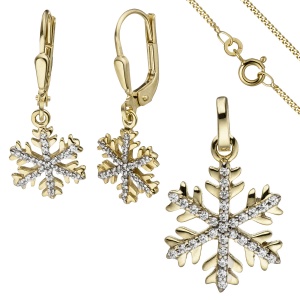 Schmuck-Set Schneeflocke 333 Gold Gelbgold mit Zirkonia Ohrringe und Kette 42 cm