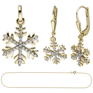 Schmuck-Set Schneeflocke 333 Gold Gelbgold mit Zirkonia Ohrringe und Kette 42 cm