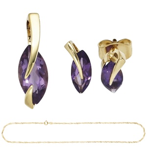 Schmuck-Set 585 Gold Gelbgold 3 Amethyste lila violett Ohrringe und Kette 45 cm