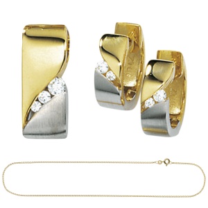 Schmuck-Set 333 Gold Gelbgold bicolor 7 Zirkonia Ohrringe und Kette 42 cm