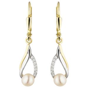 Preview: Ohrhänger 333 Gold Gelbgold bicolor 2 Süßwasser Perlen 14 Zirkonia