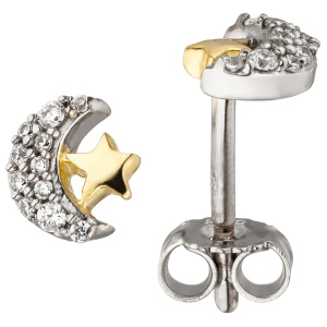 Kinder Ohrstecker Mond Stern 925 Sterling Silber bicolor vergoldet 22 Zirkonia