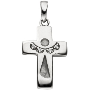 Anhänger Kreuz Schutzengel Kreuz 925 Silber mattiert 4 Zirkonia Kreuzanhänger