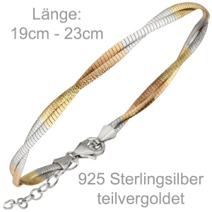 Armband 925 Sterling Silber tricolor dreifarbig vergoldet 23 cm