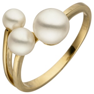 Damen Ring 585 Gold Gelbgold 3 Süßwasser Perlen Perlenring