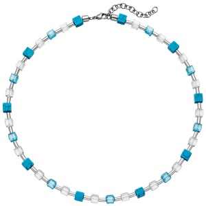 Halskette mit Kristallsteinen Türkis-Würfeln und Edelstahl 48 cm