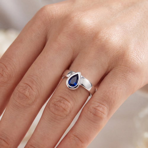 Preview: Damen Ring 925 Sterling Silber mit Glasstein Tropfen blau