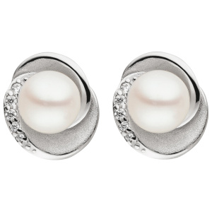 Preview: Ohrstecker 925 Silber teil matt 2 Süßwasser Perlen 10 Zirkonia