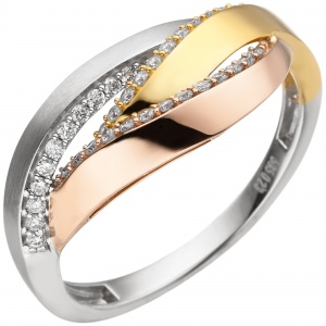 Damen Ring 585 Weißgold Rotgold Tricolor 36 Diamanten Brillanten
