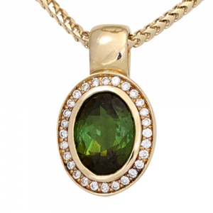 Anhänger oval 585 Gold Gelbgold 1 Turmalin grün 28 Diamanten Brillanten 0,10ct.