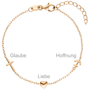 Armband Glaube Liebe Hoffnung 925 Sterling Silber rotgold vergoldet 19 cm