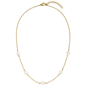 Preview: Collier Halskette Edelstahl goldfarben mit 5 Perlen 46 cm