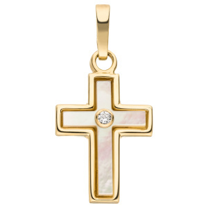 Anhänger Kreuz 375 Gelbgold 1 Diamant Brillant Perlmutt Einlage