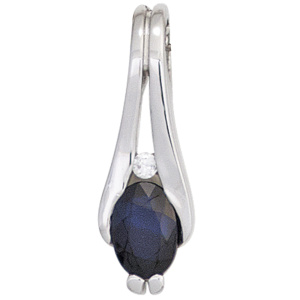 Anhänger 375 Weißgold 1 blauer Saphir 1 Diamant Brillant